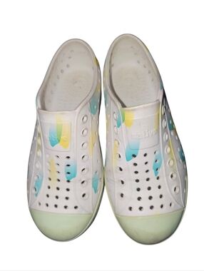 Native Shoes Kids White Slip-On Clog with Blue and Yellow Accents